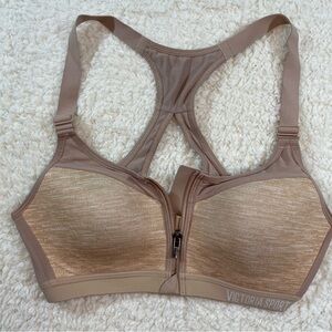 Victoria Sport Front Zip Sports Bra 34B Racerback Beige Nude Medium Support VSX